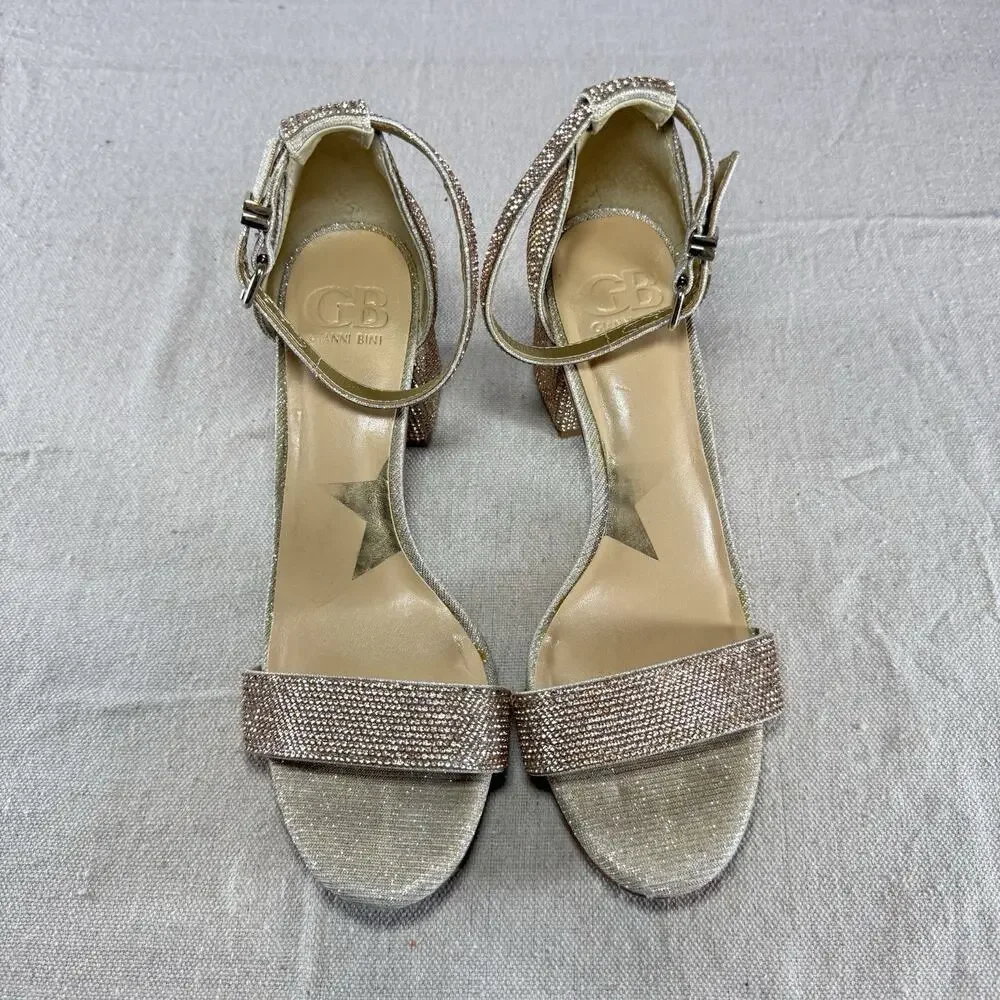 Gianni Bini Womens 8M Gold Rhinestone Block Heel Sandals Ankle Strap Sparkle